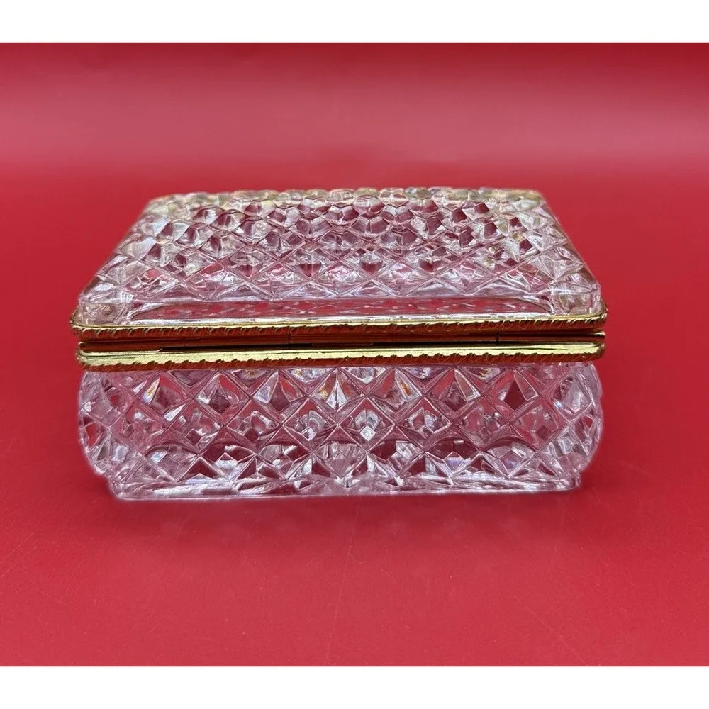 Baccarat StyleFrench Diamond Cut Crystal Jewelry Casket Brass Hinged Trinket Box